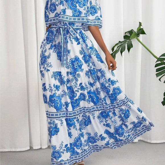 Boho Floral Print Off Shoulder Ruffle Hem Belted Dress - Picture 2 of 5